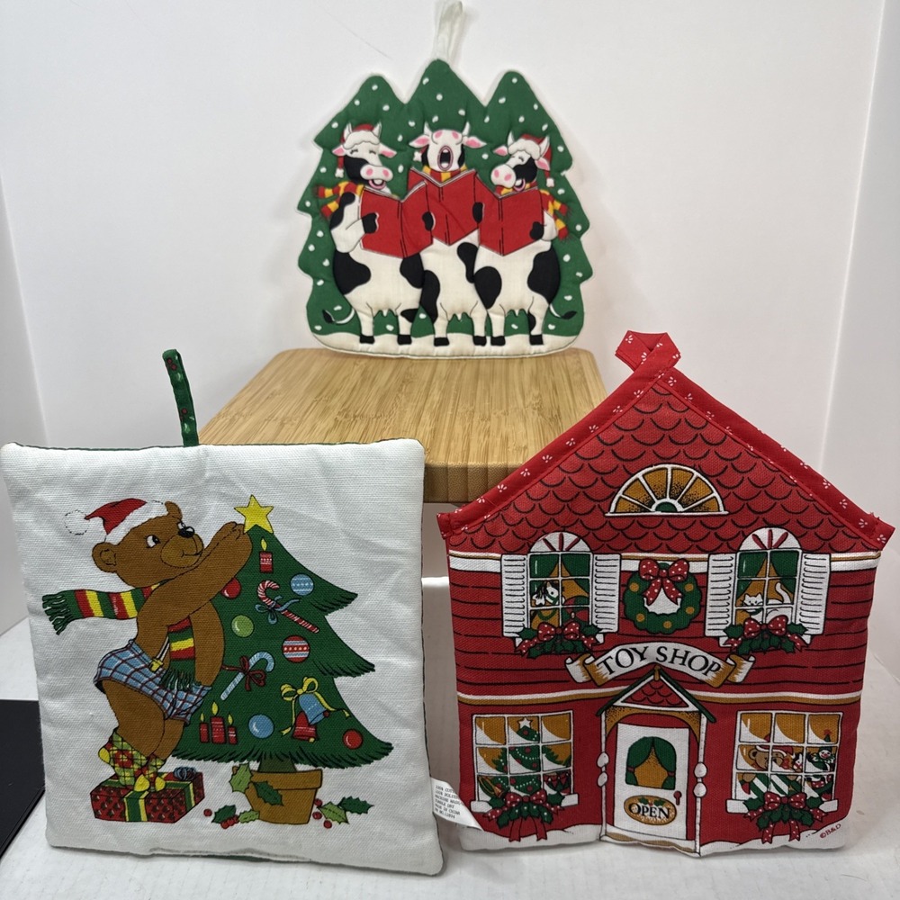 VTG 90s Holiday Christmas Pot Holder Lot 3 Kitchen Cows Teddy Bear Cottagecore